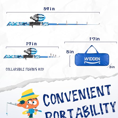 WIDDEN Kids Fishing Pole, Portable Telescopic Kids Fishing Poles for Boys and Girls, Fishing Rod and Reel Combo Kit with Tackle Box, and Fishing Net, Best Fishing Pole for Toddler Youth - color: Blue+Blue