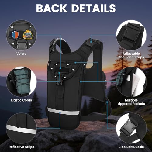 Hydration Pack Vest – Lightweight Chest Pack 2.0L Hands-Free Water Bladder Backpack, Reflective Strips, Adjustable Fit for Men and Women, Ideal for Marathon, Trail Running, Hiking, Cycling - color: Black