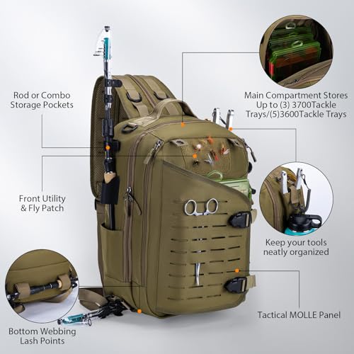 Goture Khaki Tackle Bag with Trays Rod Holder 900D Durable Fishing Tackle Storage Bag for Kayak, Shore Fishing - color: Khaki, style: 900d Water-resistant Oxford Backpack + (3)3600 Trays
