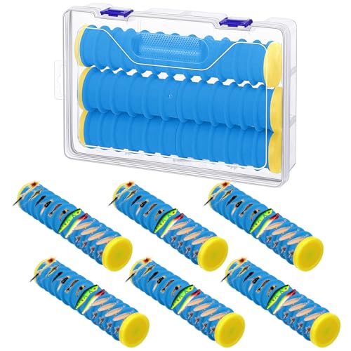 6 Pcs Fishing Leader Holder 6 Pack with Storage Box 72 Slot Snell Hook Organizer Anti-Tangle Rig Keeper for Walleye Catfish Bass Trout - color: Blue