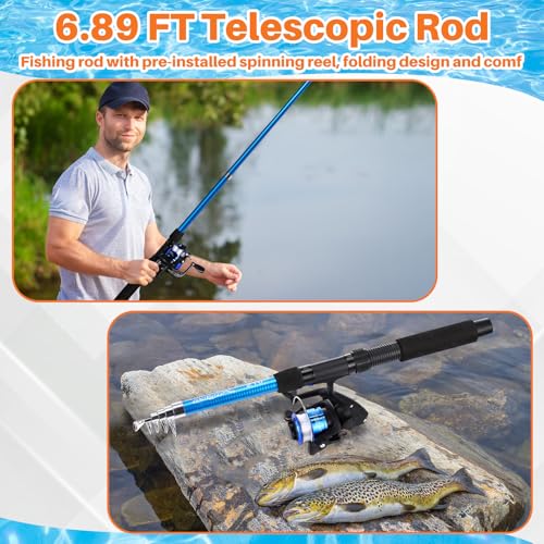 MiniInflat Telescopic Fishing Rod and Reel Combo, 6.89ft 2pcs Collapsible Rod with Plier Lip Gripper Lures Carrier Bag Pre-Loaded Spinning Reel Saltwater Freshwater Fishing Pole Kit - color: Blue
