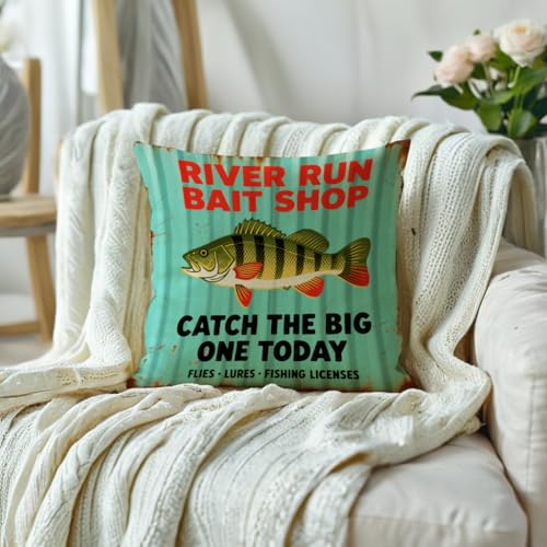 Rustic Fishing Throw Cushion Case 18x18 Inch Catch The Big One Today Bass Pillow Cover for Lake House Cabin Man Cave Couch Sofa Outdoor Funny Fishing Decor Pillowcase(Green) - color: Green