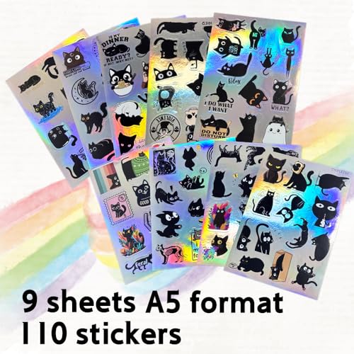 110Pcs Holographic Black Cat Stickers, Cute & Funny Vinyl Decals for Water Bottles, Laptop, Phone Case, Journal, Scrapbooking - style: Black Cat Stickers