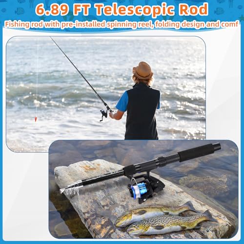 MiniInflat Telescopic Fishing Rod and Reel Combo, 6.89ft 2pcs Collapsible Rod with Plier Lip Gripper Lures Carrier Bag Pre-Loaded Spinning Reel Saltwater Freshwater Fishing Pole Kit - color: Black