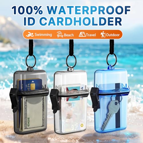 Outus 3 Pcs Waterproof ID Badge Holder Case with Waterproof Buckle 4.72 x 2.95 x 1.57 Inches Floating Sport Case Locker with Adjustable Hanging Rope Plastic Card Dry Box(Clear, Gray, Blue, Classic) - color: Clear, Gray, Blue, size: 4.72 x 2.95 x 1.57 Inch