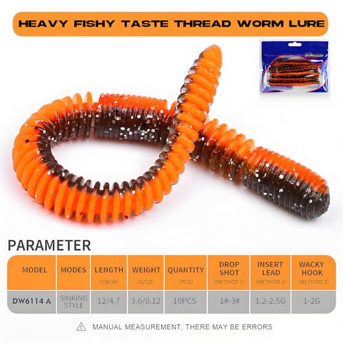 10Pcs/4.7'' Worms for Bait Bass Fishing, Soft Lures Plastic Noodle Wacky Worm Earthworm Silicone Threaded Bait for Ned rig, Fishing Lure Kit for Freshwater Saltwater - color: A