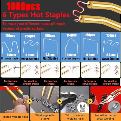 Upgraded 220W Plastic Welder, 2 in 1 Plastic Welding Kit Plastic Repair Welder Kit 1000PCS Hot Stapler Soldering Gun with 100PCS Plastic Welding Rods Car Bumper Repair Kit for Most Plastic Repair - color: Red