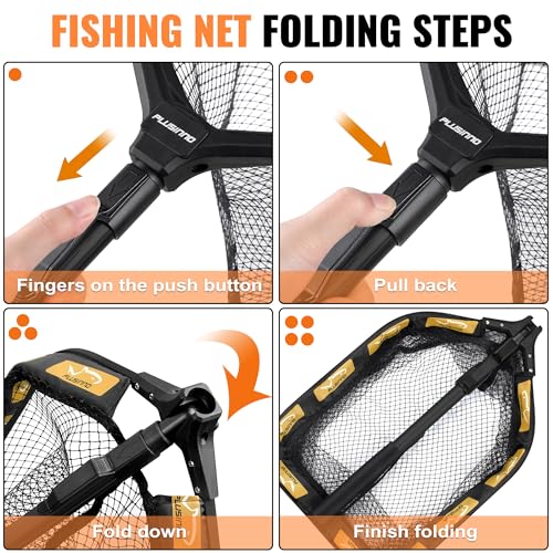 PLUSINNO Floating Fishing Net for Steelhead, Salmon, Fly, Kayak, Catfish, Bass, Trout Fishing, Rubber Coated Foldable Landing Net with Fixed or Telescoping Pole Handle, Fishing Gear and Gifts for Men - color: 11.8"/30cm Hoop Size 1.0M Orange (Telescopic)