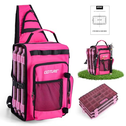 Goture OpenSide Tactical Sling Tackle Bag with 3 3700 Tackle Trays, Lightweight Fishing Backpack Storge Gear-Pink Bag Outdoor,Gift for women - color: Pink, size: Large bag with 3700 trays, style: Bag + Fishing Boxes(handle)