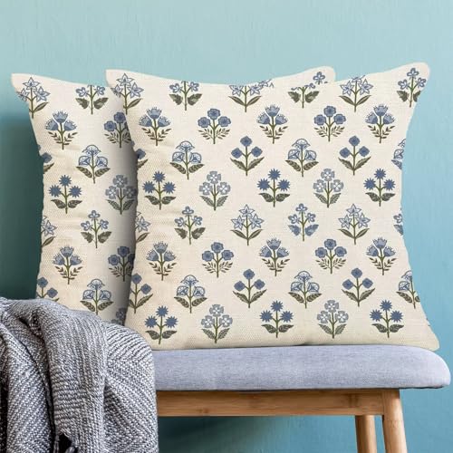 AEIOAE Vintage Floral Pillow Covers 16 x 16 Inch Set of 2 Blue Green Block Print Decorative Throw Pillow Covers Boho Rustic Farmhouse Gift Cushion Case for Home Sofa Outdoor Decor - color: Floral2, size: 16" x 16" (Pack of 1)