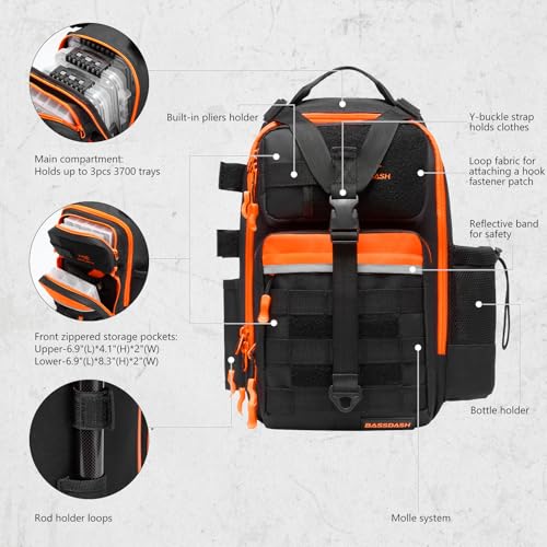 BASSDASH Convertible Fishing Backpack Sling Bag with Rod Holder, Adjustable Tactical Water-Resistant Tackle Storage Pack FP07 - color: Black/Blaze Orange, size: Standard