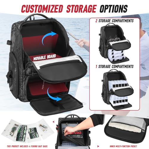 Fishing Tackle Backpack, 40L Tackle Bag with 2 Rod Holders & 4 Tackle Boxes, Water-Resistant Large Storage Fishing Gear and Equipment, Fisher Gifts for Men, Black Camo - color: B-Black Camo with 4 Tackle Boxes