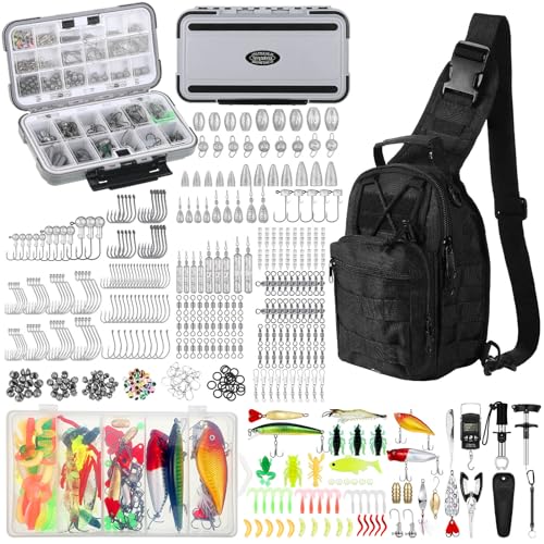 Sosation 482 Pcs Fishing Sling Tackle Bag Set Fish Tackle Box Backpack Storage Fishing Gear and Equipment Included Fish Hook Remover Tool Lures Lip Gripper, Gift for Men - color: Black