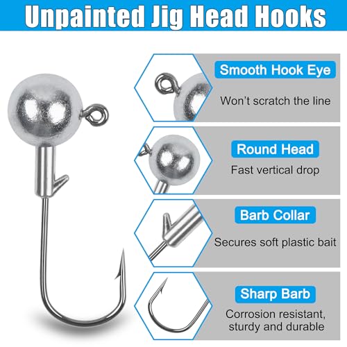 Soft Plastic Fishing Lure Jig Head Hook Kit,Grub Worm Lures Crappie Jigs Head Grub Tail Swimbait Tube Bait Jigs for Saltwater Freshwater, Trout Crappie Fishing - color: 48PCS Sets