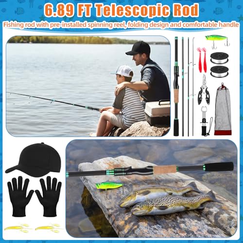 60 Pcs Father's Day Fishing Rod and Line Combo Detachable Fishing Pole Kit Without Reel, Plier Lip Gripper, Fish Lure Hook Accessories, Carrier Bag for Beginner Men Travel Saltwater Freshwater