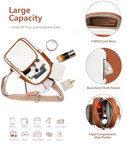 Anti Theft Crossbody Bags for Women RFID Leather Sling Purses,Crossbody Bags Travel Leather Fanny Pack for Women - color: White＆brown