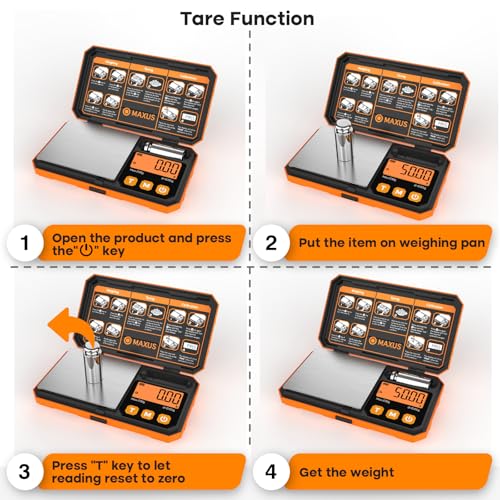 MAXUS Pocket Scale, 200g x 0.01g, with 50g Calibration Weight and USB Cable | Digital Gram Scale, 6 Units, Backlit LCD, Stainless Steel Platform, Rubber Edges, for Jewelry, Coins, Powders, Food or Gems - color: Orange