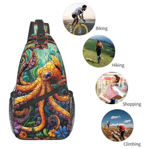 Cartoon Octopus In Flowers Outdoor Crossbody Shoulder Bag For Unisex Young Adult Hiking Bicycling - color: Bronze2