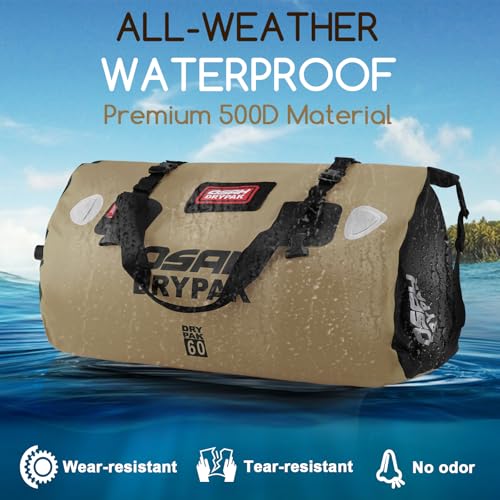 OSAH DRYPAK Waterproof Duffel Bag - Motorcycle Dry Bag Tail Bag with Large Storage Space, Waterproof Luggage Duffle Bags with Outer Mesh Zipper Pocket for Camping, Kayaking, Fishing & Traveling - color: Brown, size: 60L