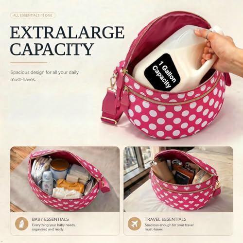 Womens Crossbody Bag, Spacious Nylon Bum Bag Trendy Shoulder Purse with Adjustable Strap Zipped Travel Essentials - color: 52a-red