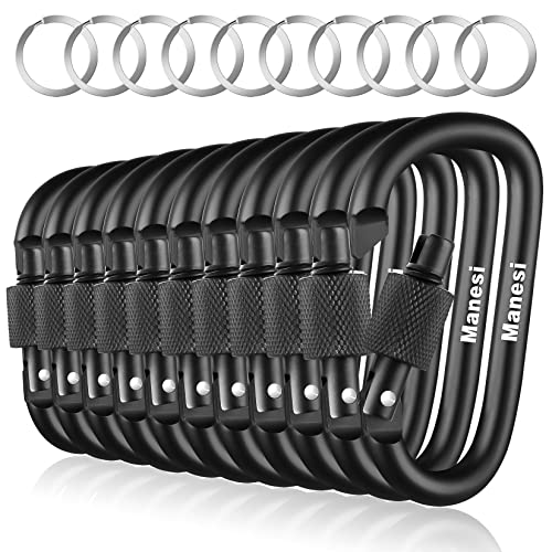 10 Pack 3Inch Aluminum D Ring Key Rings Hiking Clips Locking Carabiner for Hiking Camping Fishing and Outdoor Use，Clips with Screw Gate Multicolored - color: Black