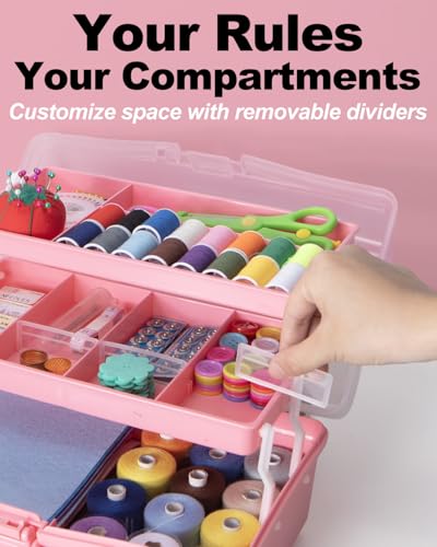 TERGOO 12in 3-Layer Plastic Craft Organizers and Storage, Portable Folding Tackle Box with Handle & Adjustable Dividers, Multipurpose Case for Sewing, Art Supplies, Medicine, Tools (Pink) - color: Pink