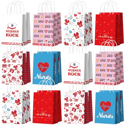 Kosiz 24 Pcs Nurse Week Gift Bags Paper Thank You Party Favors Bags Doctor Graduation Goodie Bag Nursing Appreciation Candy Treat Bag with Handles for Nurse Day Medical Party Decoration Supplies - style: Nurse