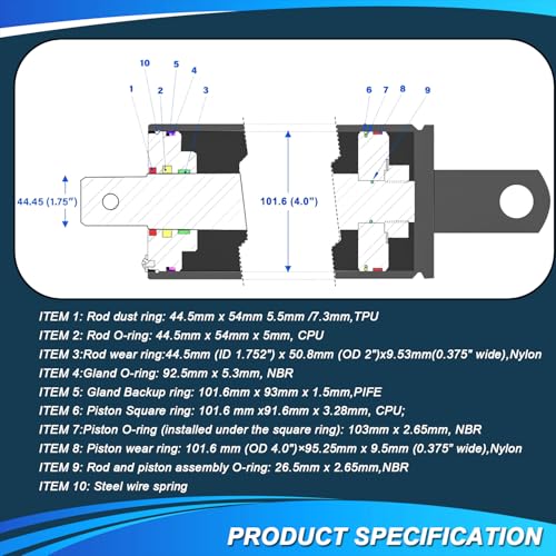 Hydraulic Log Splitter Cylinder Rebuild Seal Kit Suitable for 4.0" Bore x 1.75" Rod Cylinder - size: 4.0" Bore x 1.75" Rod