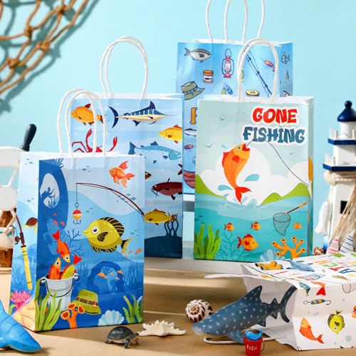 Kosiz 24 pcs Gone Fishing Party Favors Bags Little Fisherman Gift 1st Birthday Goodie Paper Bags Fish Animal Candy Treat Pouch with Handles for Summer Fishing Party Decorations Supplies - style: Fishing