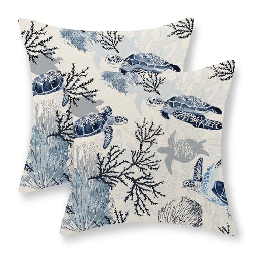 Nautical Coastal Pillow Covers 18x18 Set of 2 Beach Themed Ocean Coral Sea Turtle Decorative Throw Pillows Blue Outdoor Decor Pillow Cases Linen Farmhouse Cushion Case for Sofa Home Holiday - color: Coral Sea Turtle, size: 18" x 18" (Pack of 2)