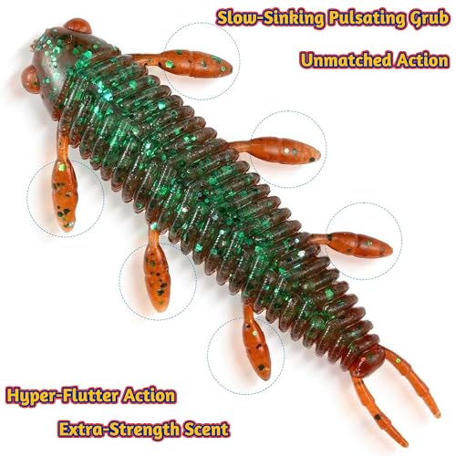 Fishing Lure, Soft Plastic Grub,10 pcs Chariot Bug Soft Lures, Wacky Worms Baits for Bass Fishing for Texas Carolina Weightless Finesse Rig Kit Gear - color: Green Pumpkin