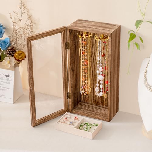 SINGLBA Necklace Holder Organizer, Wooden Jewelry Box for Women Girls, Rotatable Jewelry Organizer Case with Ring Tray Display & Storage for Necklaces Bracelets Rings Earrings, Gifts for Women Her - color: Carbonized Brown