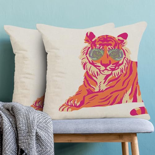 Hot Pink Tiger Preppy Pillow Covers 16x16 Inch Set of 2 Trendy Pink Orange Tiger Throw Pillows Outdoor Decorative Fun Funky Dormitory Pillowcases Linen Cushion Cases for Bed Sofa Couch College - color: Pink Tiger, size: 16" x 16" (Pack of 2)