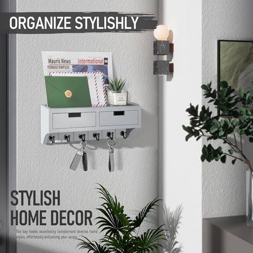 Rebee Vision Key Holder Wall Mount with 2 Drawer Organizer : Mail Organizer for Wall with 6 Key Hooks & Shelf - Stylish Apartment Essentials for Aesthetic Room Decor (Light Gray) - color: Gray, style: 2-Drawer