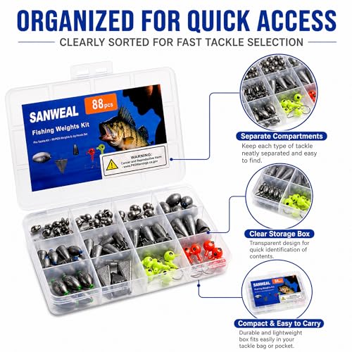 SANWEAL Fishing Weights Sinkers Kit, 88PCS Freshwater Fishing Tackle Starter Kit with Bullet Sinkers, Split Shot Weights, Pyramid Sinkers, Jig Head Hooks & Swivels for Bass Trout Panfish - style: Pro Kit 88 Pcs/15 Types