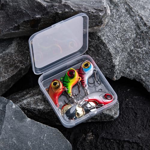 Goture Fishing Lures VIB Tail Spinners Bait Set, Two-Way Spinning Spoon System with Kona Treble Hook, Fixed Tube Anti-Tangle, 3D Eyes Sinking Lures with Tackle Box, Fishing Jigs Fishing Spinner Blade - color: 1/2 oz - 4 Pcs with Box