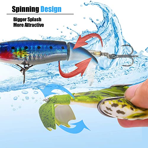 Topwater Bass Fishing Lure Kit, Plopping Propeller Tail Bigger Splash Whopping, Soft Plastic Frog Bait 3D Eyes Lifelike Body Pattern, for Bass Snakehead Musky Pike Walleye, 5 pcs… - color: A Group