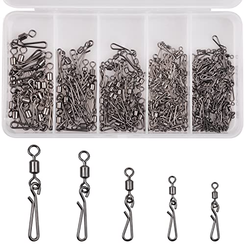 Fishing Swivels Snaps Rolling Barrel Swivels with Fast Clips Fishing Snaps High Strength Speed Clips Connector Freshwater Saltwater Snaps Swivels Fishing Tackle - style: Mix 5 Sizes-165pcs