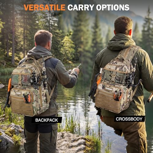 PLUSINNO Fishing Gear, Fishing Backpack with Fishing Rod, Tackle Box, Waterproof Tackle Backpack with Rod Holders,Lures, Tools, Pliers & Accessories, Fish Gifts for Men - color: Orange rod