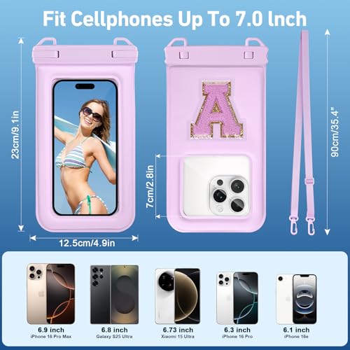 Waterproof Phone Pouch Floating, IPX68 Waterproof Phone Case for Beach Kayak Cruise Essentials, Dry Bag for iPhone 17 16 15 Pro Max Samsung S26 S25 S24, Up to 7", Purple Letter - color: Purple Letter