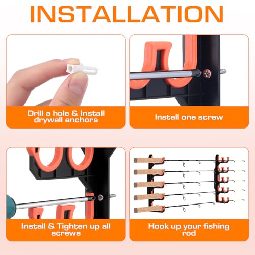 Soulchen 4 Pcs Fishing Rod Holder for Garage Dual-row Design Wall or Ceiling Mounted Fishing Pole Holders with Soft Protective Pad Horizontal Fish Rod Storage Rack Holds up to 10 Rods