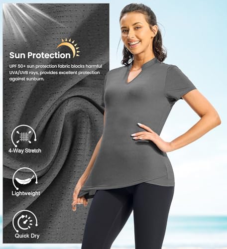 Rdruko Women's Hiking Shirts Short Sleeve UPF 50+ Sun Protection Lightweight Dry Fit Outdoor Travel Fishing Shirts - color: Dary Gray, size: X-Small