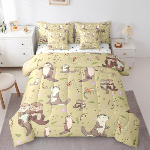 Erosebridal Lap Otter Comforter Set with Sheets Twin Size Shell 7-Piece Bedding Set for Kids Boys Girls Sea Otters Koi Fish Cute Cartoon Starry Beige Brown Lightweight Bed in A Bag - color: Beige Brown, size: Twin