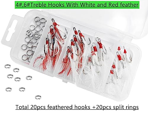 Fishing Treble Hooks Feather Hook: Dressed Fishing Hooks Set with Split Rings for Making Fishing Lure