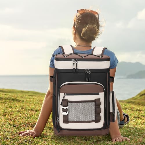Hulongo Large Waterproof Insulated Cooler Backpack for Men & Women, Leak Proof Cooler Backpack for Camping, Beach, Fishing, Picnic, Travel, Outdoor, 30L, 48Cans - color: Brown