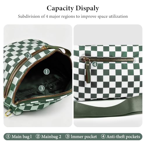 Nylon Crossbody Bum Bag for Women, Checkered Sling Fanny Pack with Adjustable Shoulder Strap Belt (GREEN CHECKERED) - color: GREEN CHECKERED