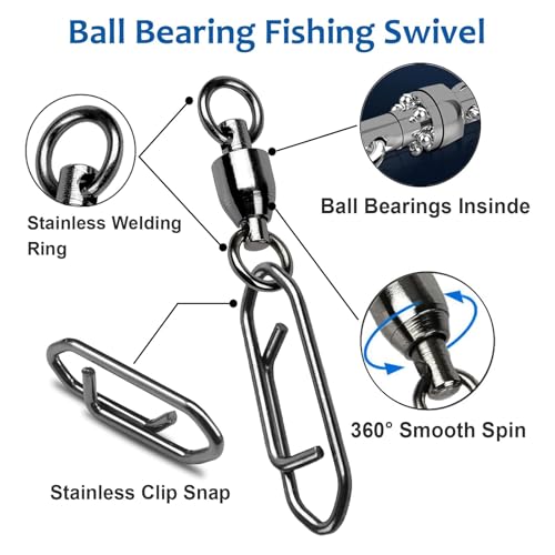 AMYSPORTS High Strength Snap Swivels Stainless Bearing Rolling Fishing Swivel Freshwater Snap Swivels Fishing Clip Steel Black Nickel - size: Size 6+XL (166lb) 50 pcs