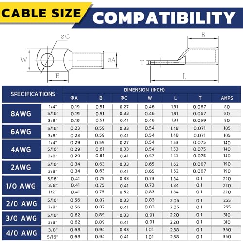 haisstronica 240PCS Battery Cable Ends Kit,120PCS AWG 8 6 4 2 0 00 Heavy Duty Copper Wire Lugs Ring Terminals,Battery Cable Lugs Eyelets Terminal Connectors with 120PCS 3:1 Heat Shrink Tubing - color: Bare Copper, size: 240 PCS