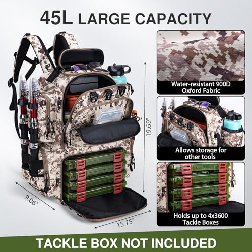 Goture Fishing Backpack, 900D Water-Resistant Tackle Backpack with Rod Holders, Hard Sunglasses Case, 45L Large Storage Gear Tackle Bag with Rain Cover, Bottle Holder for Travel Camping Hiking - color: A1:camo 1#, size: Without Tackle Boxes