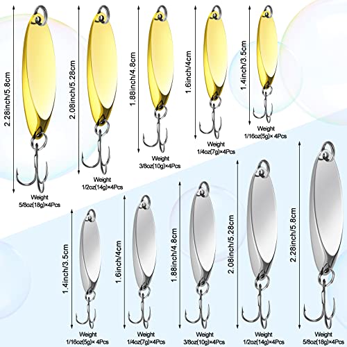 HESTYA Fishing Lures Spoons Saltwater Treble Trout Lures Hard Metal Spinner Baits 5 Sizes Casting Spoon Hooks for Salmon Bass in 1/5 1/4 3/8 1/2 3/4 oz - color: Silver, Gold